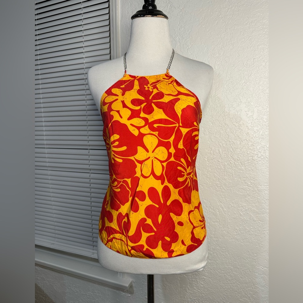 5|48 Hawaiian floral print 100% silk halter top  with chain size XS